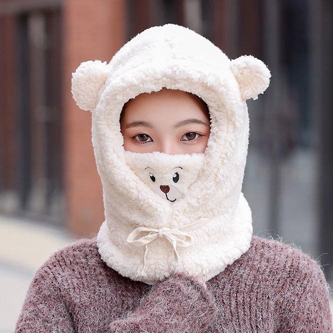 

Hat Turn Towel One Women Plush Thickened Cute Bear Plush Lamb Cashmere Cold Proof Student Girl Ear Mask Winter Warm White