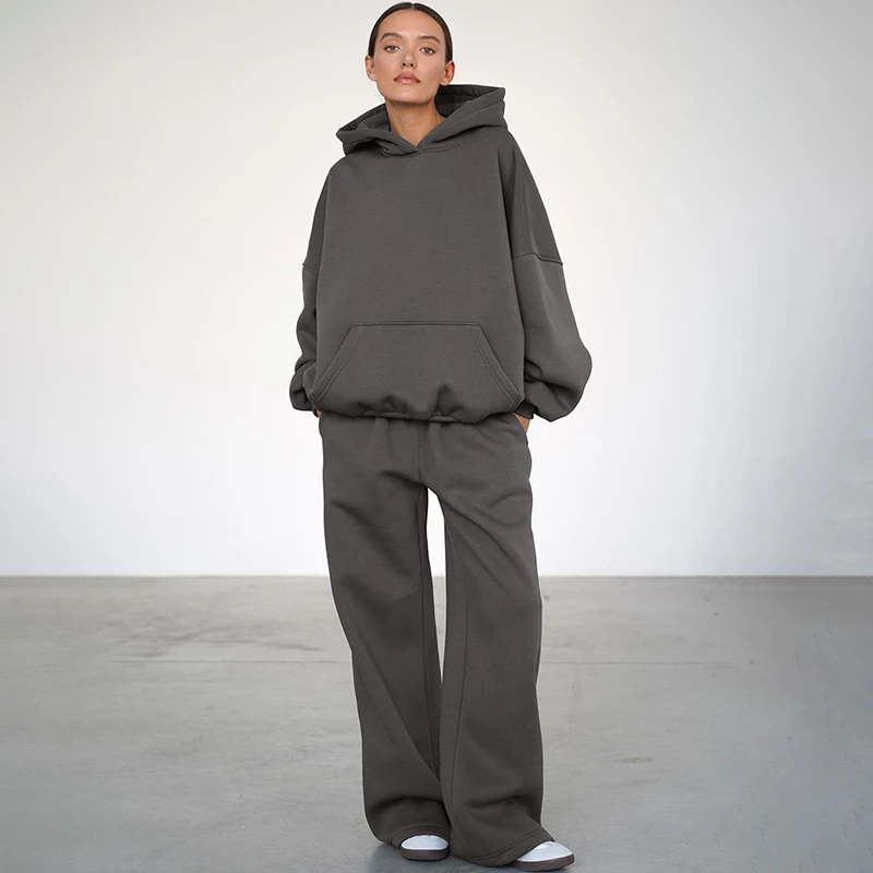 

Tornova Sports Casual Hooded Sweatshirt Suit Female 2025 Fall Winter New Pocket Sweatshirt Loose Wide Leg Trousers Casual Sets