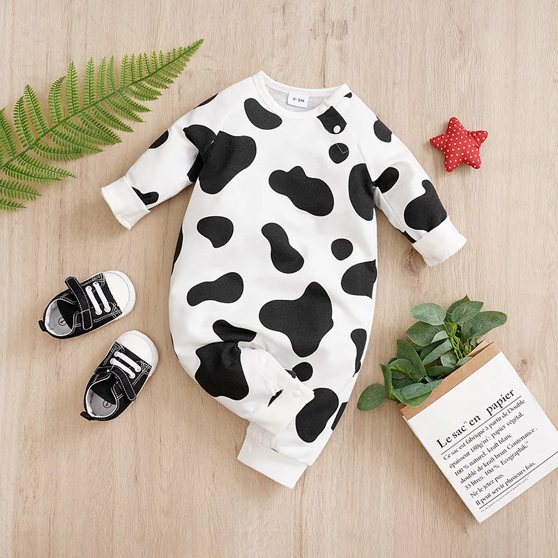 Spring And Autumn Boys And Girls Cute Cartoon Cow Full Print Comfortable Casual Long Sleeve Baby Bodysuit