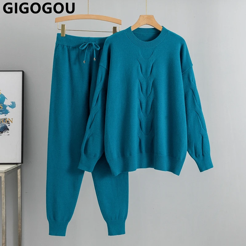 GIGOGOU 2 Pieces Sets Women Sweater Tracksuits Loose Knit Woman Vertical Knitted Pullovers Sweater + Harem Pants Suits Trousers