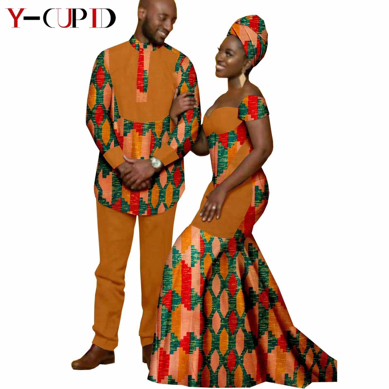 

African Print Long Mermaid Dresses for Women Matching Men Outfits Dashiki Top and Pants Sets Bazin Riche Couples Clothes Y22C026