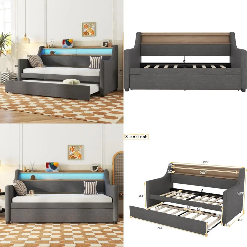 سرير نهاري منجد مزدوج من softsea مع دولاب، وسرير نهاري منجد مع لوح أمامي لخزانة الكتب ومنافذ USB وأضواء LED، قماش كتان د #1