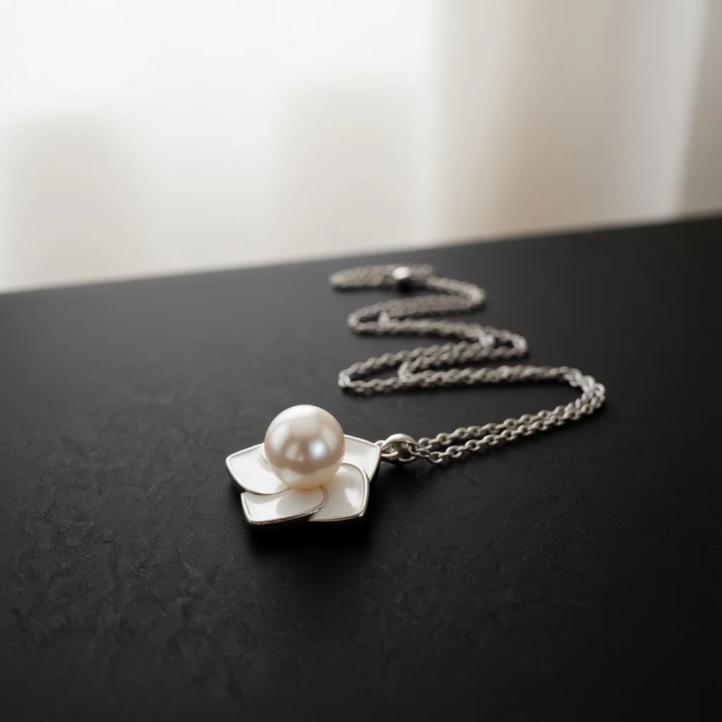 Camellia Pendant Necklace Enamel Petal Frame Central Round Pearl Inlay Dainty Cable Chain Women Fashion Jewelry Accessory