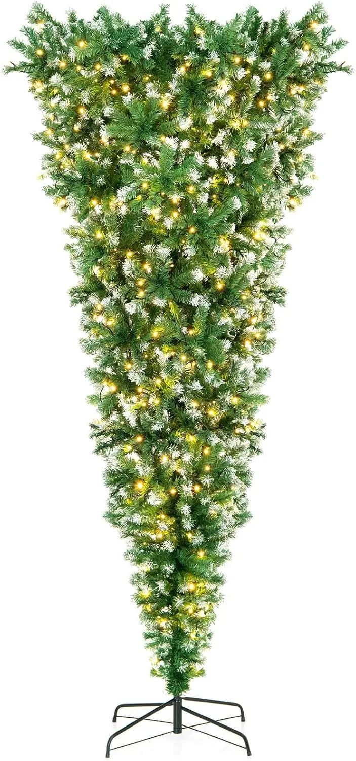 

Pre-Lit Upside Down Christmas Tree, 7.5 FT Snow Artificial Inverted Xmas Tree with 1100 Branch Tips, 400 Warm LED Lights