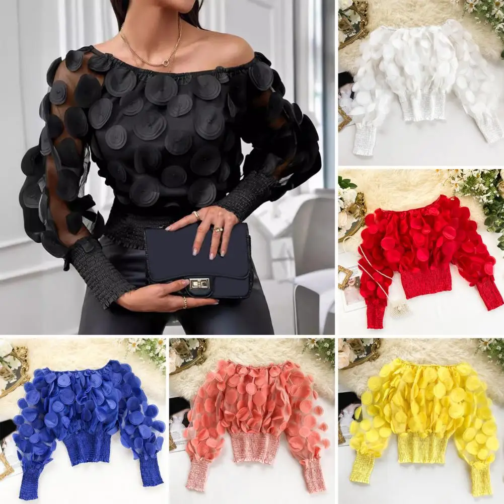 

Women Tops Off Shoulder Puff Long Sleeve Elastic Waist Short Tops Perspective Mesh Yarn Tops Party Wear