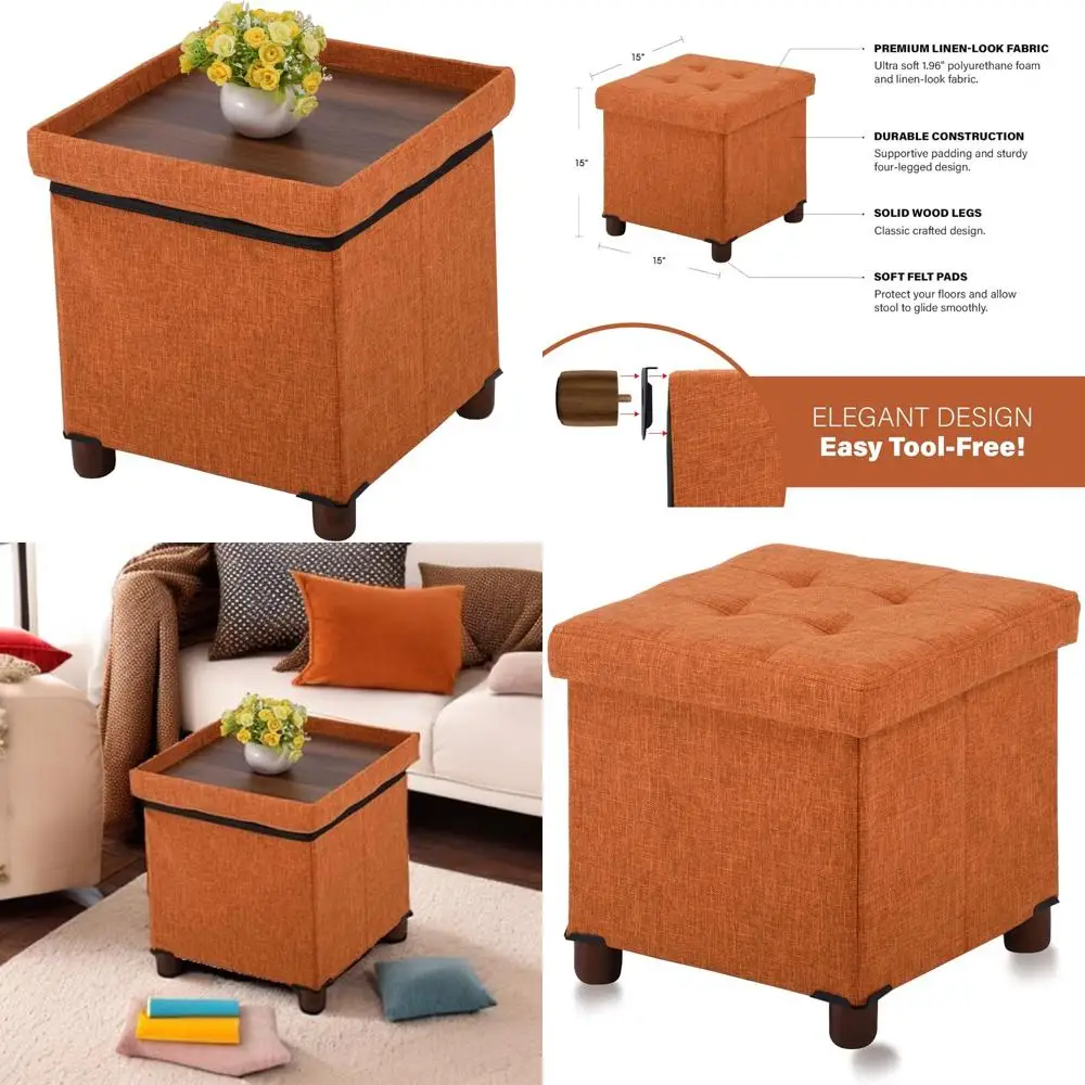 

15 Inch Fabric Storage Ottoman with Wooden Legs - Foldable Cube Footrest Stool, Square Comfort Seat with Lid