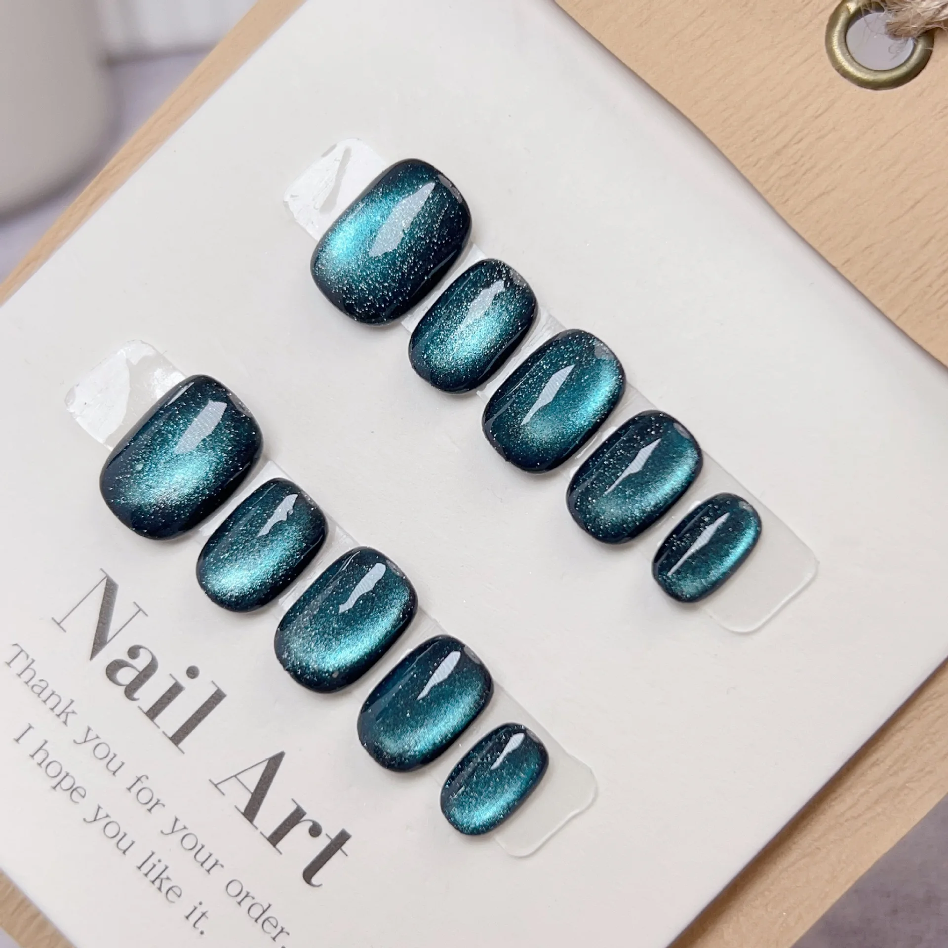 10Pcs Shiny Blue Short Ballerina Handmade Press on Nails Full Cover Cat Eye Design False Nails Manicure Wearable Nail Tips Art