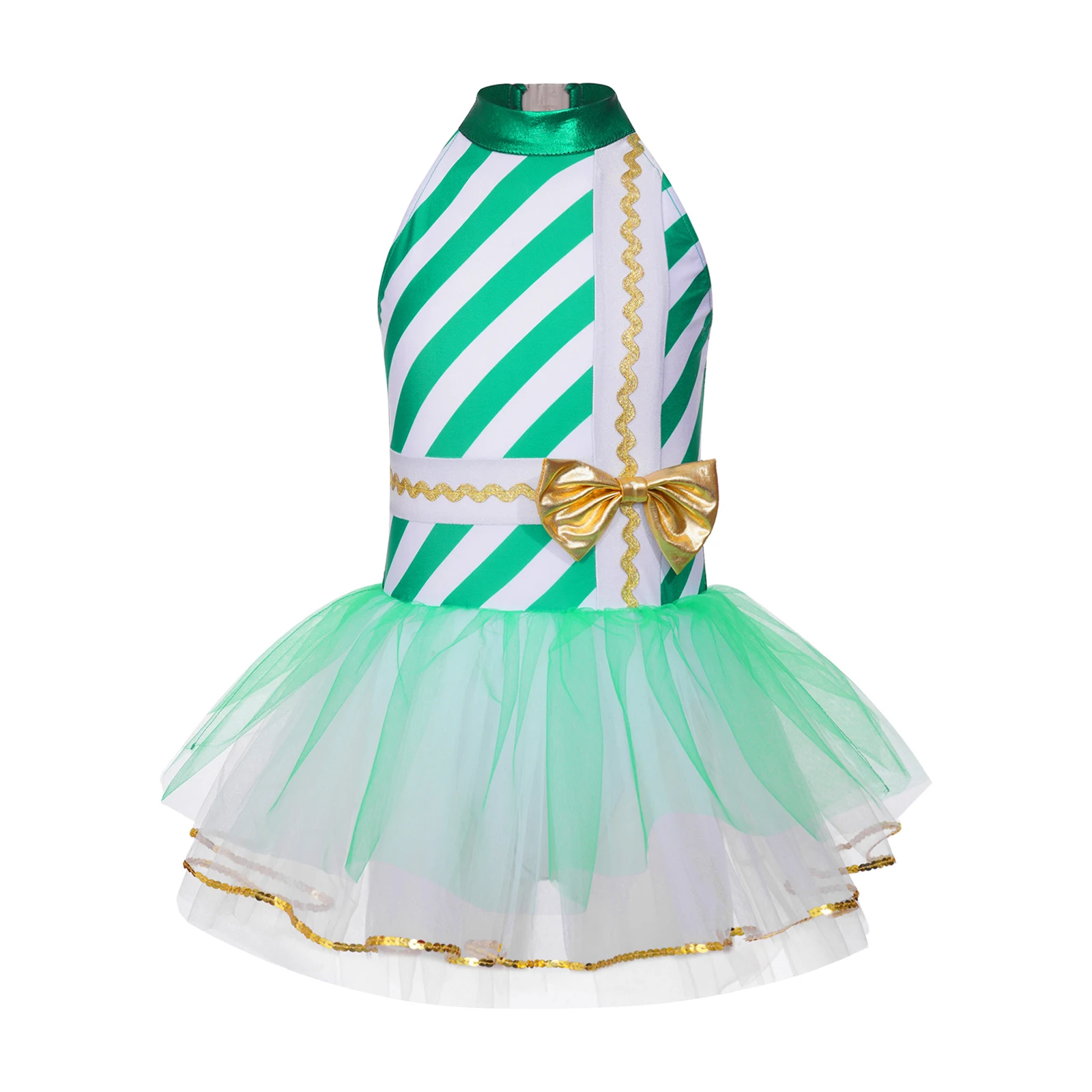 Kids Girls Christmas Candy Cane Costume Sequins Striped Ballet Gymnastics Leotard Tutu Dress Figure Ice Skating Xmas Dancewear