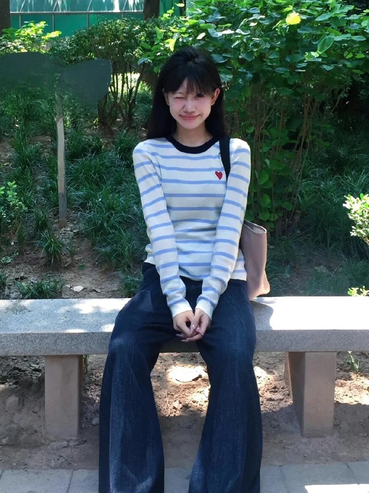 

American Stripe Sweater Women's Autumn Winter 2024 New Slim High-End Lazy Sle Base Knitted Top Street Faion Sweet Sle