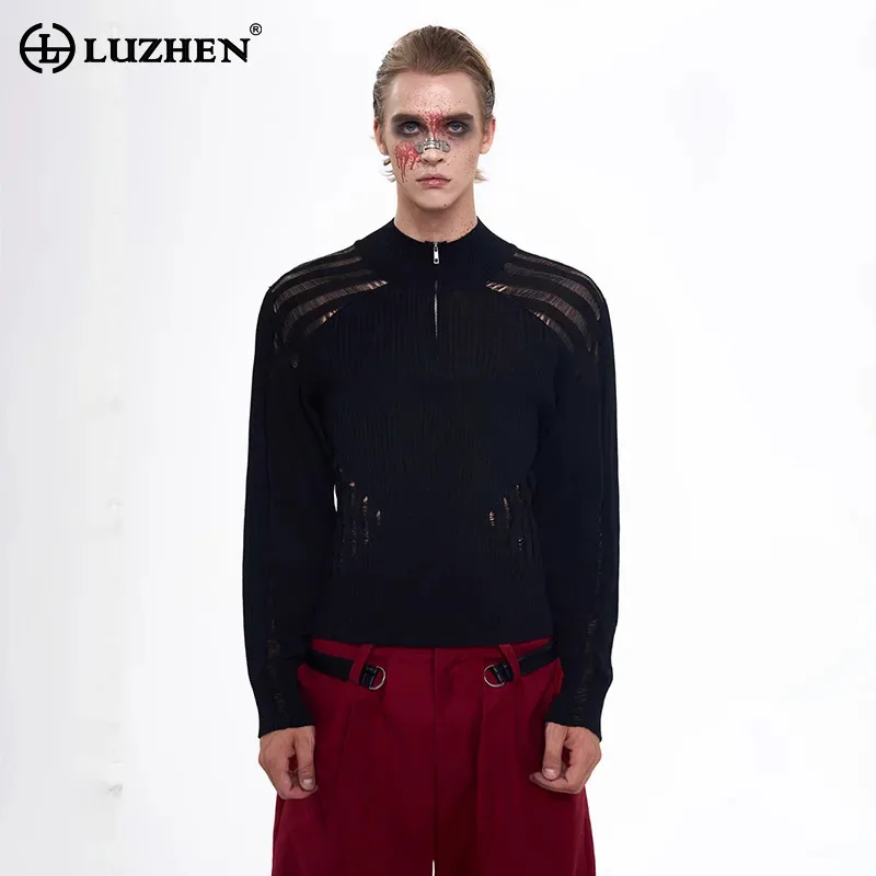 

LUZHEN 2025 Новая мода оригинальный вязаный пуловер с рваными отверстиями в полоску на плечах и длинными рукавами мужской модный красивый свитер JY5026
