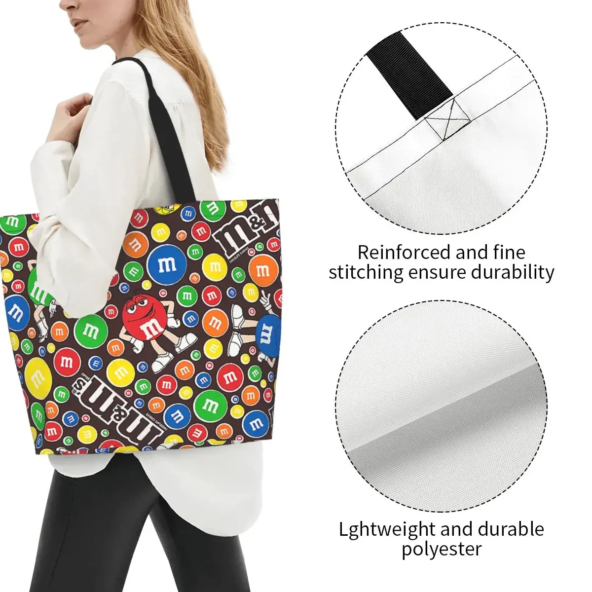 Kawaii Funny M&M's Chocolate Collage Shopping Tote Bags Reusable Groceries Canvas Shoulder Shopper Bag