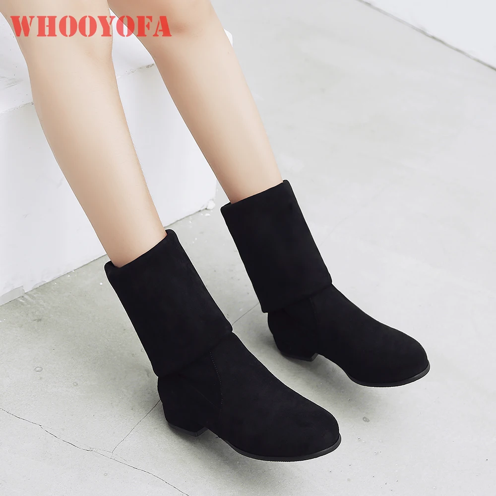 

Winter New Sweet Black Yellow Women Mid Calf Boots Round Toe Block Heels Lady Shoes Plus Small Big Size 14 33 46 48 52