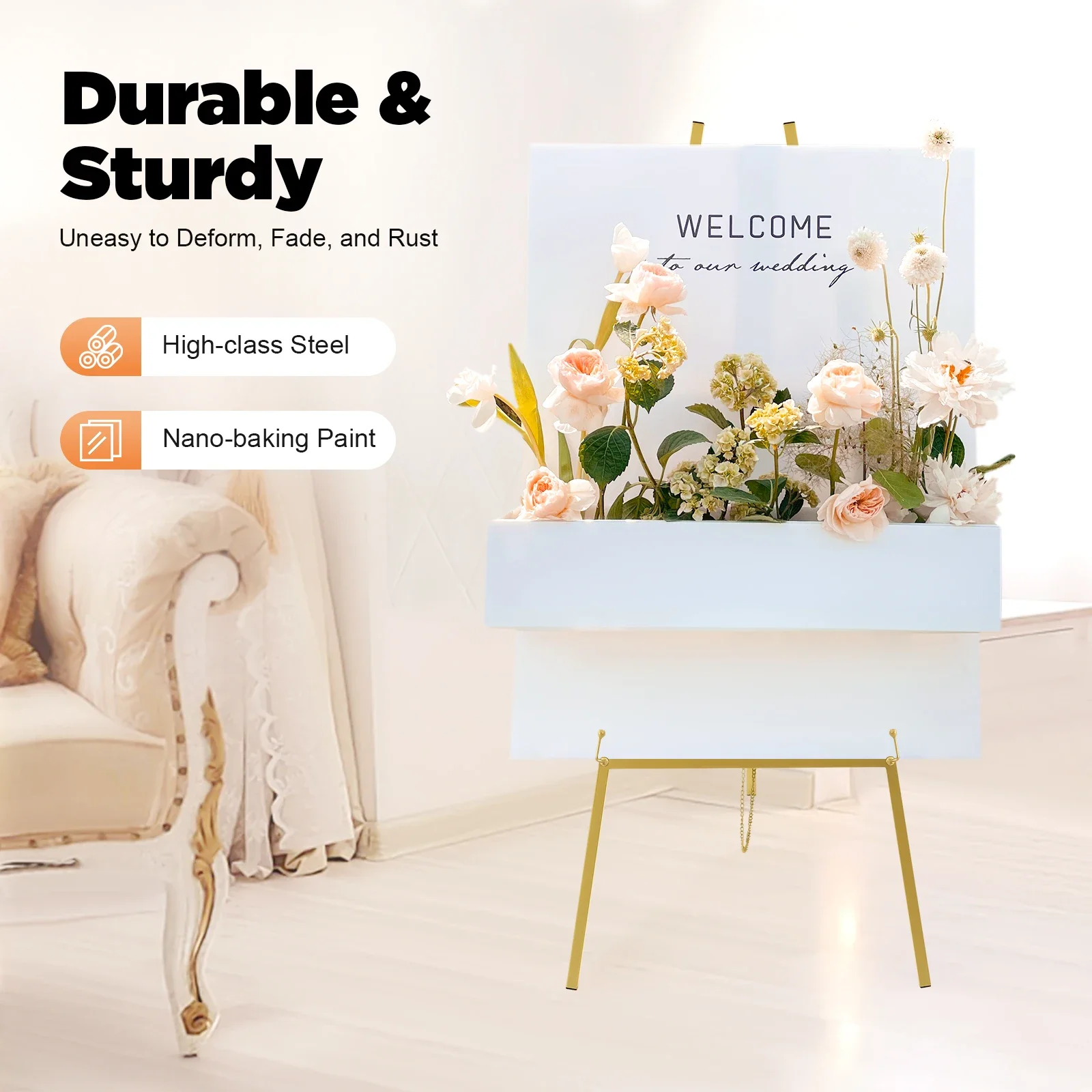 2 Pack Foldable Easel Classic Wedding Poster Display Stand, Height Adjustable Gold Decorative Shelve for Shops Exhibitions