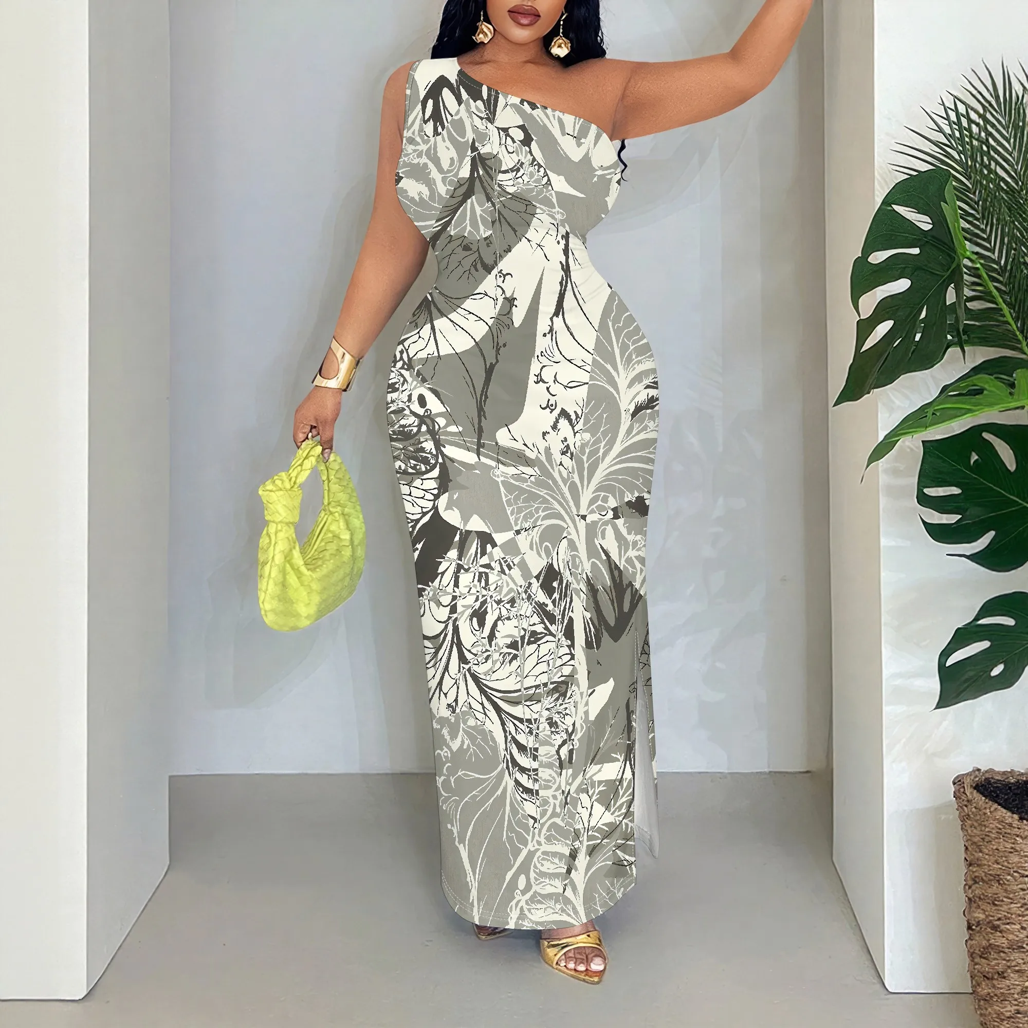 

Botanical One Shoulder Maxi Dress, Floral Print Asymmetrical Neckline, Sleeveless Summer Gown for Women, S-2XL