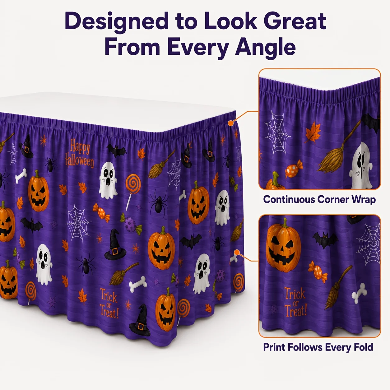 Table skirt 1 piece. Halloween vintage horror table skirt, featuring a pink vintage bat, cat and pumpkin print.xzj