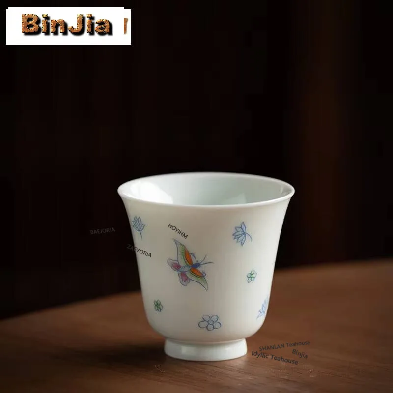 2pc/set Ancient Blue Glazed Ceramic Teacup Butterfly Love Flower Master Cup Ladies Exquisite Tasting Tea Mug Kung Fu Teaset 40ml