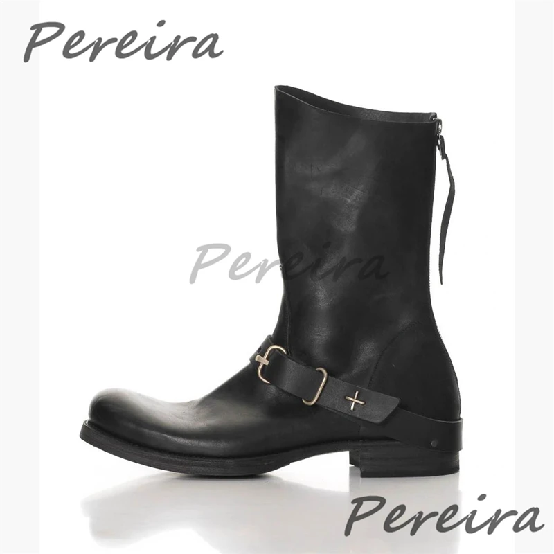 

Men's Retro Belt Buckle Motorcycle Boots Round Toe Low Heel Zipper Short Booties Autumn Winter Genuine Leather High Top Shoes