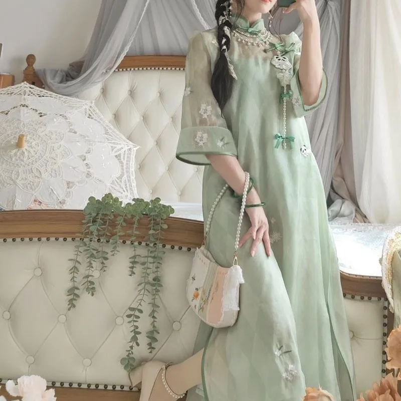 Women Cheongsam Civil War Style Modified Version Inverted Large Sleeves Mid-length Temperament Elegant Dresses Two-piece Set