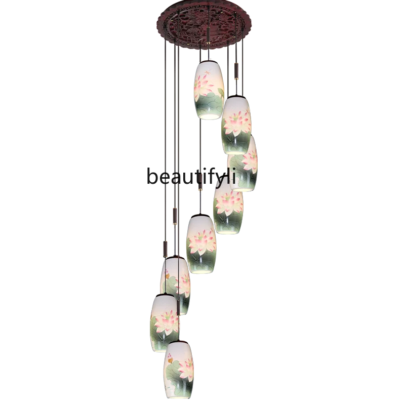 Chinese Style Stair Chandelier Chinese Style Solid Wood Complex Classical Ceramic Lamps  Living Room Rotating Long Chandelier