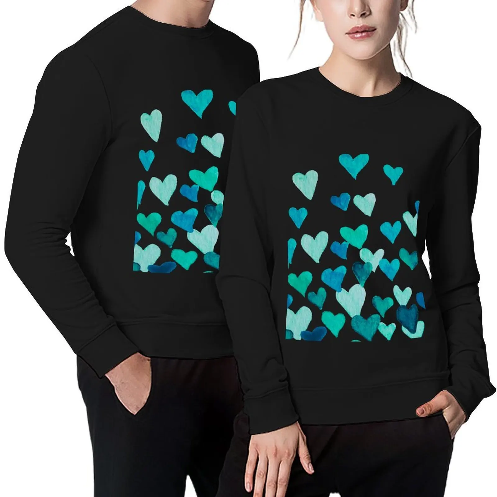 

Valentine’s Day Watercolor Hearts – turquoise Pullover men's autumn clothes graphic t shirts men tracksuit sweatshirt for men