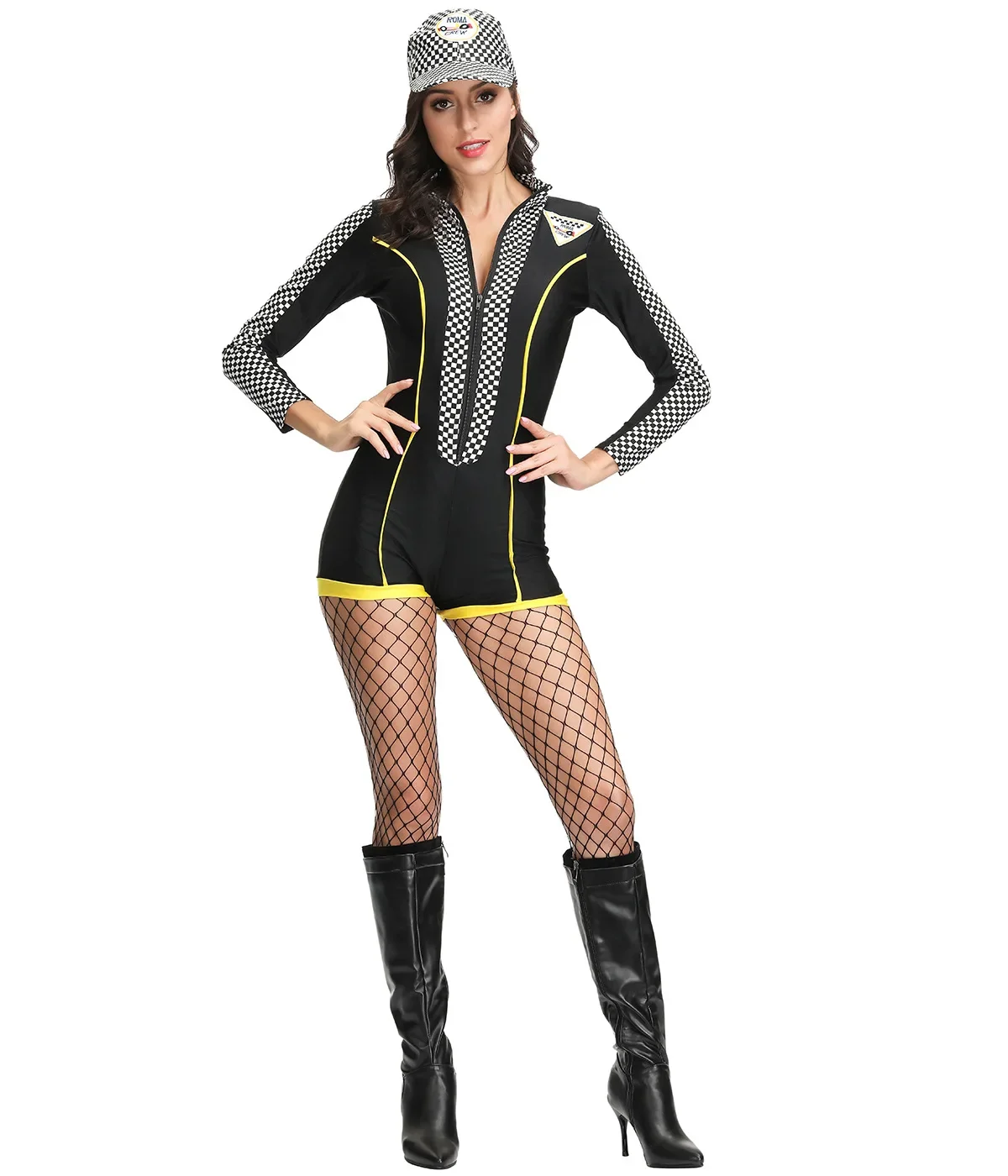 

Ladies Race Car Driver Outfit Racing Girl Long Sleeves Costume Plaid Jumpsuit With Hat