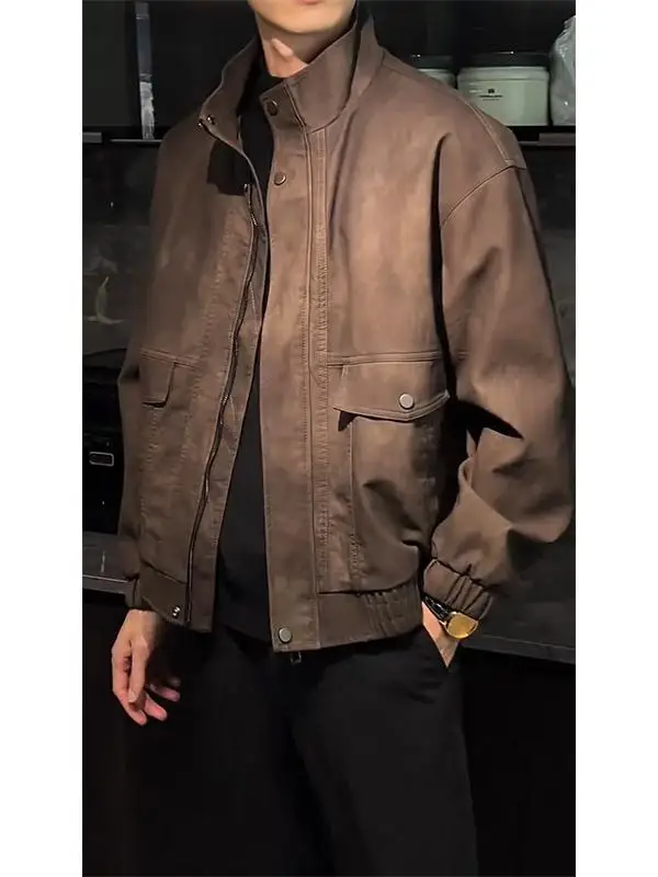 

Brown Leather Jaet Men's Sle Spring Autumn Retro American Motorcycle Riding Suit Workwear Jaet Stand Fit Long Sve...