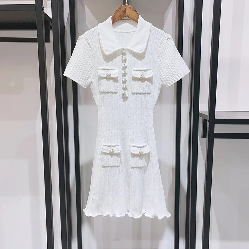 Women Diamond Buttons Dress Ribbed Turn-down Collar Short Sleeve Slim 2024 Summer Knitted Mini Robe