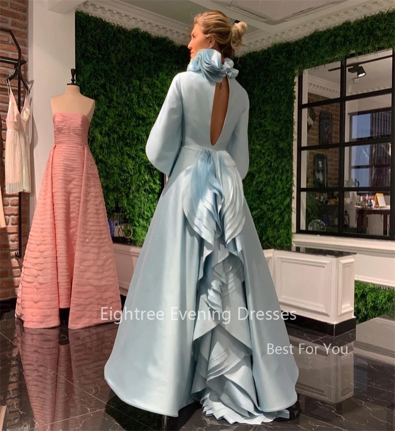 Eightree Elegant Blue Satin A Line Evening Dresses Celebrity Formal Party Dress Ruffles Fluffy Arabic Long Prom Gown New Fashion