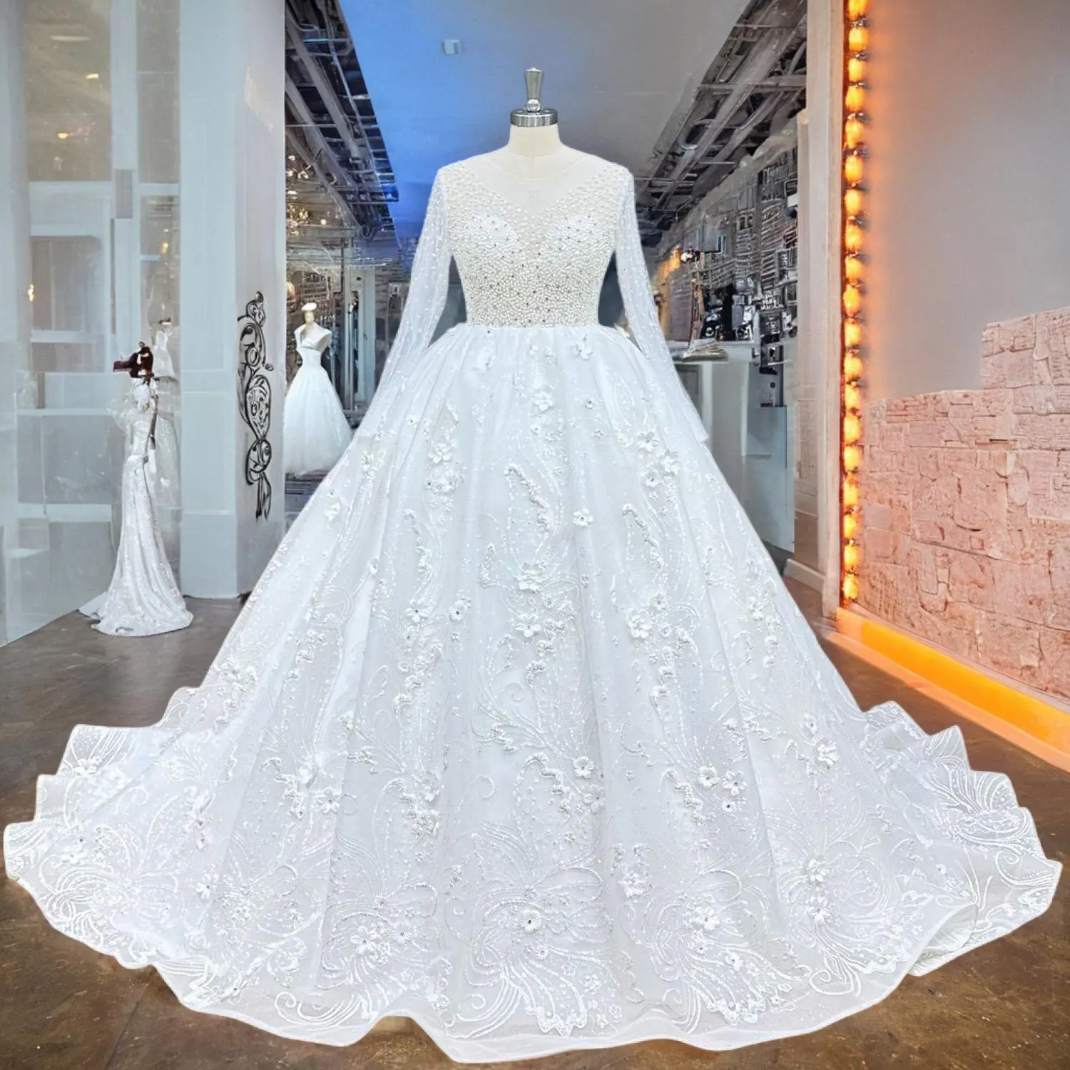 

Hire Lnyer Long Sleeve Lace Up Back Full Beading Pearls Crystal 3D Flowers Shiny Gorgeous Ball Gown Wedding Dresses