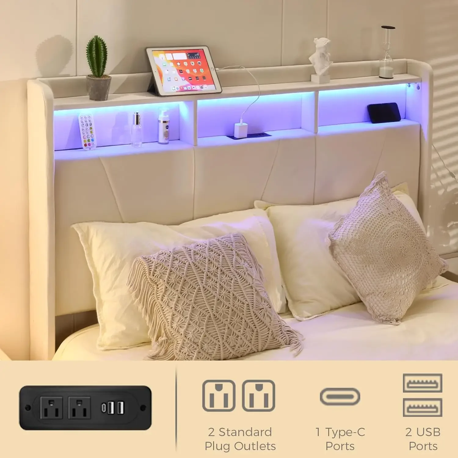 Velvet Upholstered Bed Frame with Headboard, Charging Station, LED Lights, and Drawers for Master Bedrooms or Families