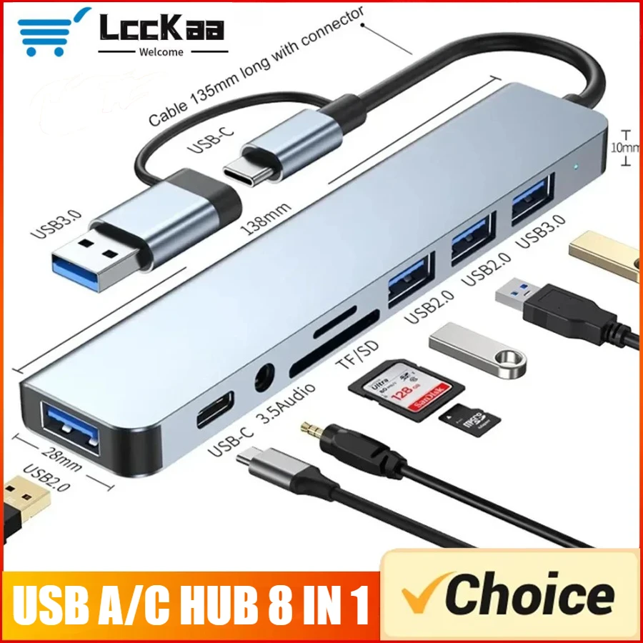7/8 in1 USB C Hub Expander Multiport Adapter Type C Splitter Dock USB 3 Port for Xiaomi Phone Tablet Fast Data Transfer Charging
