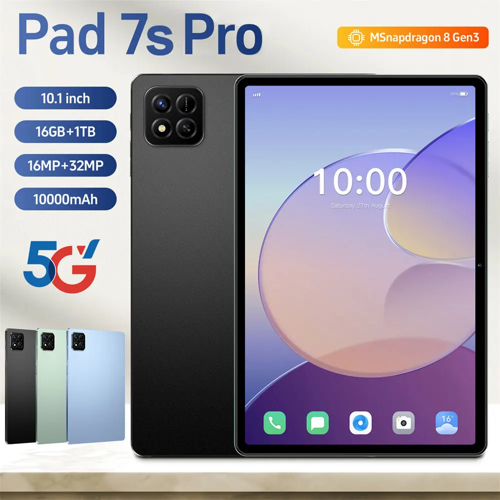 

HOT Pad 7s Pro 10,1-дюймовый экран 10000 мАч Вкладка Глобальная версия 16 ГБ + 1 ТБ 4G 5G Планшет с двумя SIM-картами Детские планшеты Android 15 Планшеты