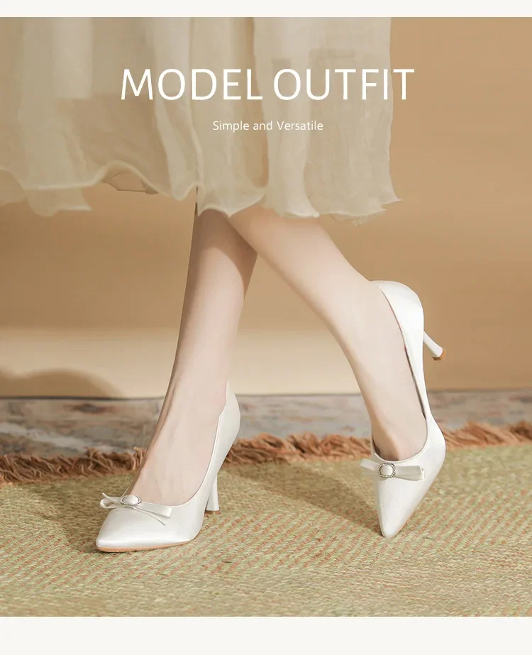 

Размер 31–44, свадебные туфли-лодочки на шпильке с острым носком и бантом, женская обувь, белые туфли без шнуровки на высоком каблуке для невесты 44