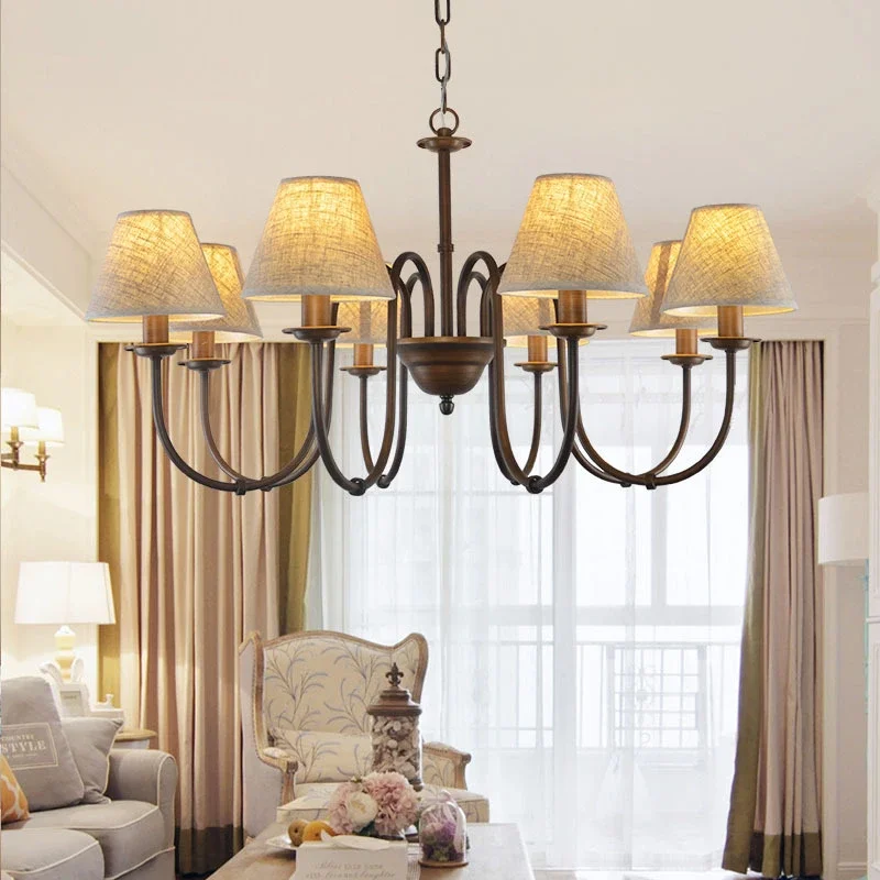 American Country Lustre Chandelier Retro Living Room Decor Bedroom Lamp Dining Room Fabric Lampshade Home Ceiling Pendant Lamps