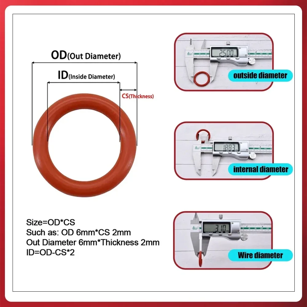 Red VMQ O Ring Sealing Washer Black NBR Silicone O-ring Plumbing Gaskets Oil Resistant High Temperature Oring Kit CS1mm-CS4mm