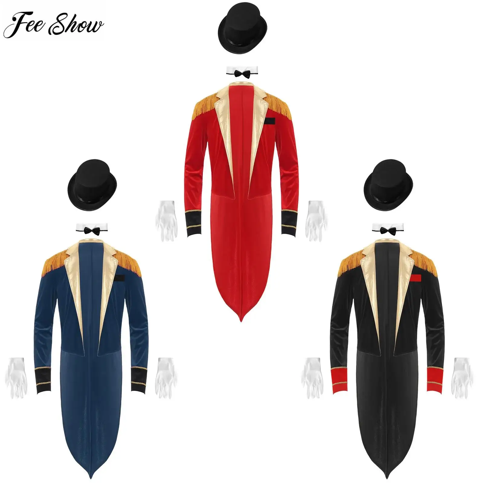 Mens Circus Ringmaster Costume Set Long Sleeve Lapel Fringed Shoulder Tailcoat Jacket Outfits Master Lion Tamer Fancy Dress