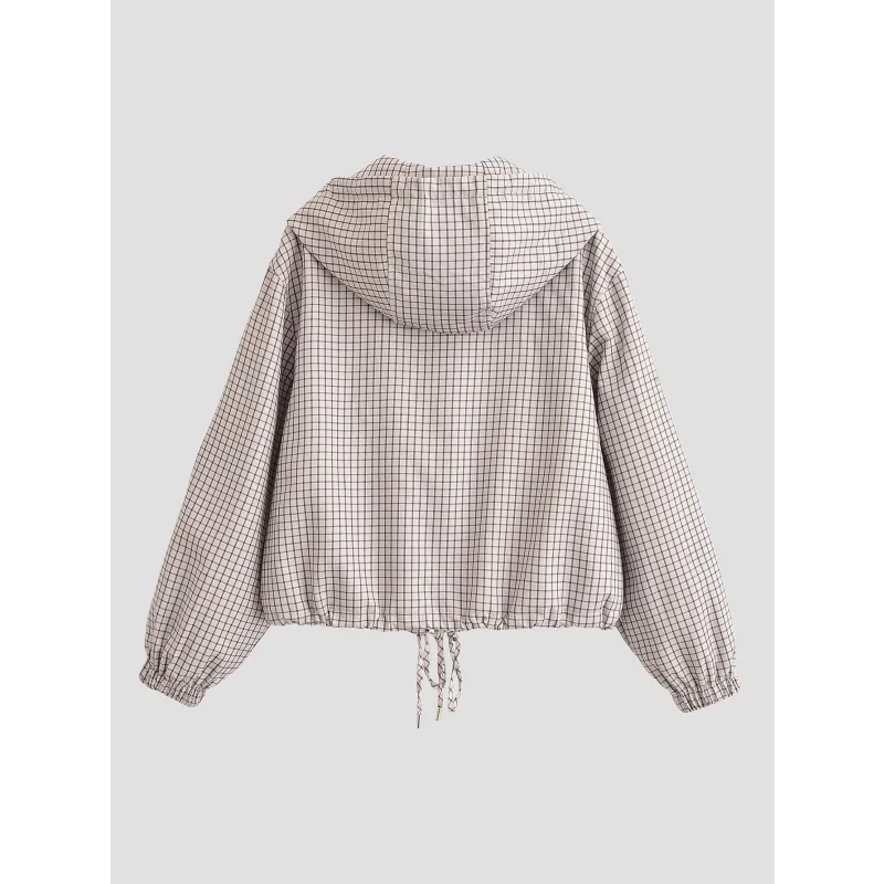 2026 Women’s New Arrival Autumn Plaid Hoodie Cropped Coat Zip Front Drawstring Hem Long Sleeve Loose Casual Outerwear