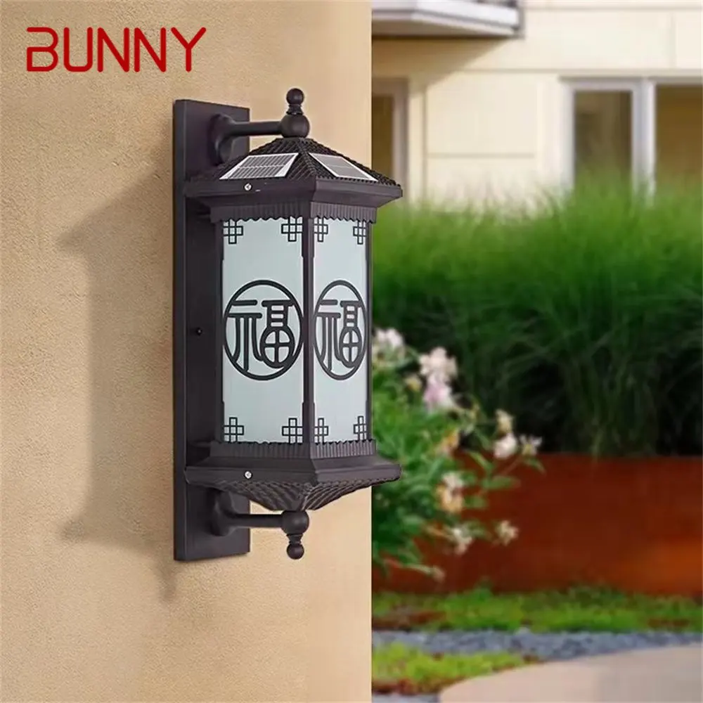 BUNNY Outdoor Solar Wall Sconces Light LED Chinese Style Waterproof Vintage Lamp for Home Balcony Decoration