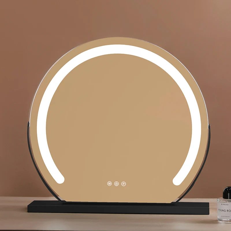 

Nordic light luxury makeup mirror with lamp led fill light charging lamp desktop semicircular rotatable dressing