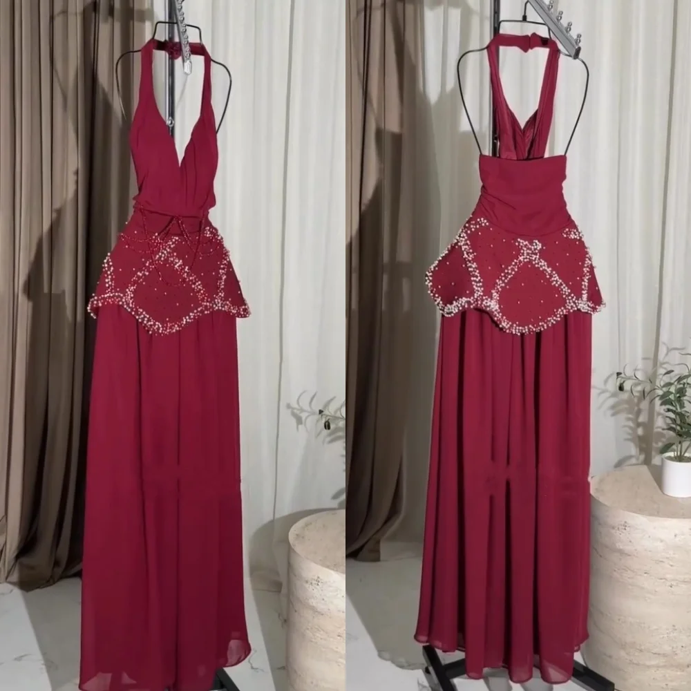 

Customized Fashion Chiffon Pattern Sequined Pleat A-line Halter Long Dresses Bespoke Occasion Prom High Quality Formal