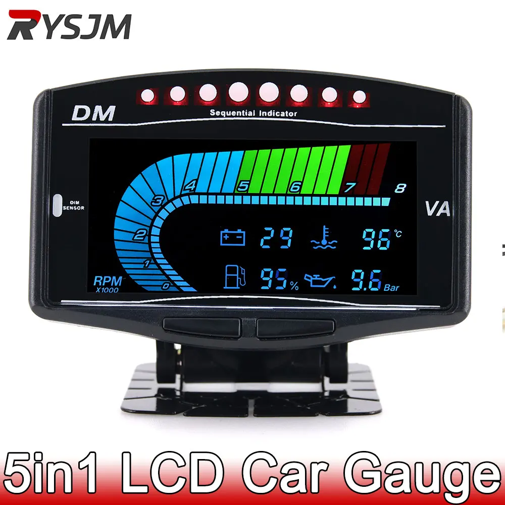 

5в1 Тахометр Температура воды Манометр Вольтметр Уровень топлива + Датчик температуры воды 10 мм Датчик давления масла 1/8 NPT