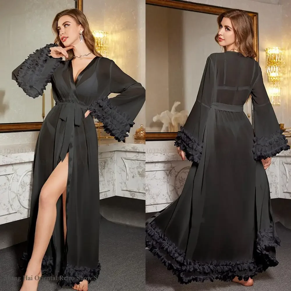 

Sexy Perspective Mesh Long Robe Nightgown Loose Casual Women Sleepwear Home Dressing Gown Patchwork Lace Bathrobe Gown Lingerie