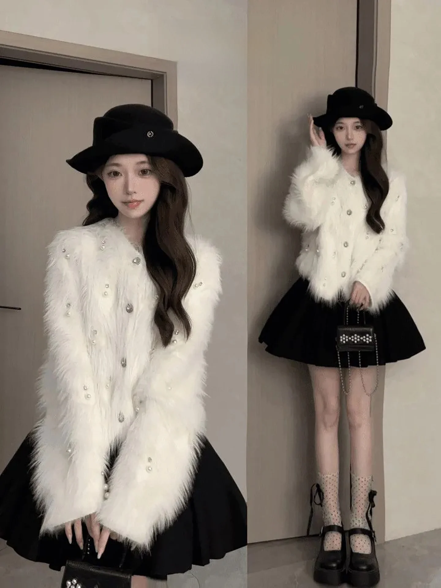 

Женский белый пушистый открытый кардиган с жемчужными пуговицами, утягивающий свитер Jaet, зима 2022, ленивый свободный крой для поездок на работу