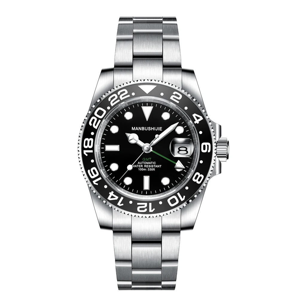 شعار مخصص GMT ساعات رجالية فاخرة أوتوماتيكية ميكانيكية ساعة اليد الياقوت الزجاج 40MM الفولاذ المقاوم للصدأ ساعة مقاومة للماء