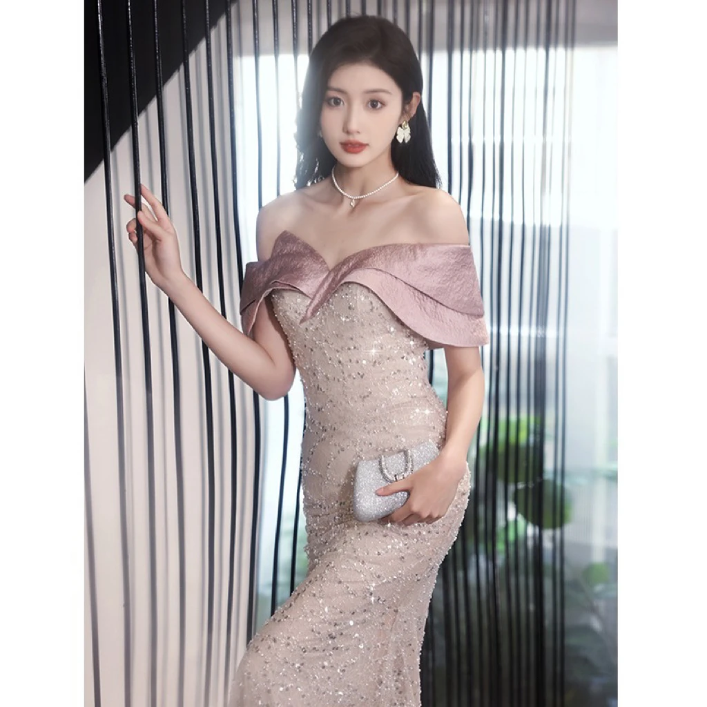 Glitter Shiny Prom Dresses Mermaid Sequins Off the Shoulder Pleated Lace-up Quinceanera Host Ceremony Party Celebrity Gowns Lady