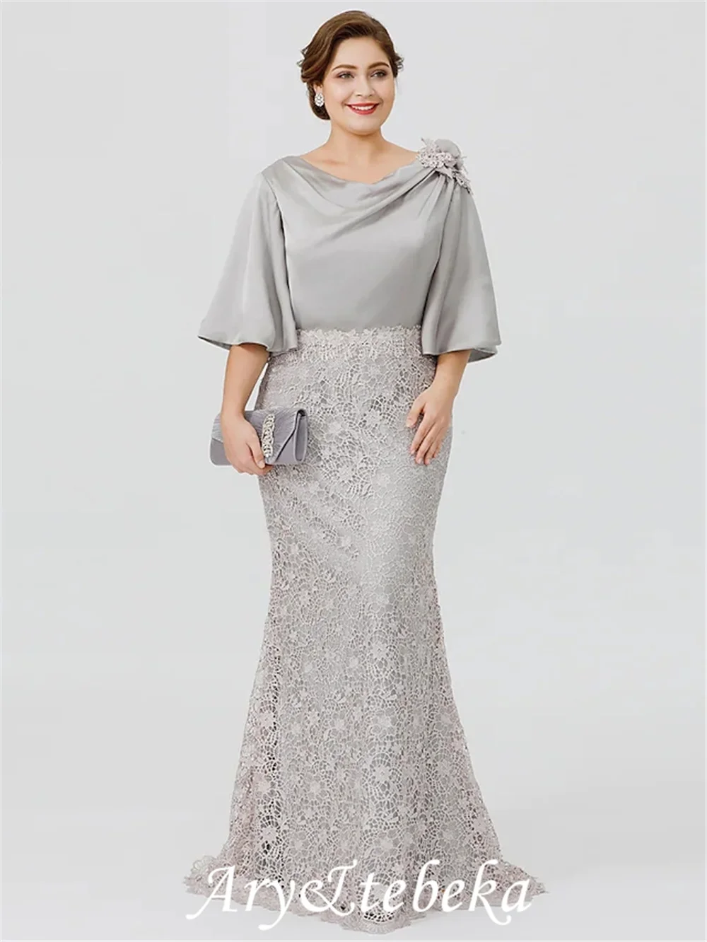 

Plus Size Mother of the Bride Dress Sexy Cowl Neck Satin Chiffon Lace Over Satin Half Sleeve with Appliques