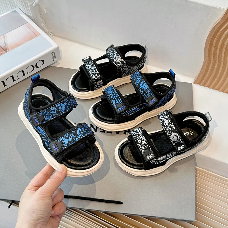Little Boys Chunky Beach Sandals 2026 New Summer Kids Floral Print Strappy Water Shoes Non-slip Comfort Versatile Outdoor Pool