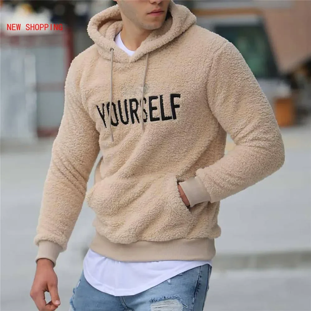 Sudadera con capucha de felpa para hombre, suéter de manga larga con estampado de letras, Tops de peluche, moda urbana, Otoño e Invierno