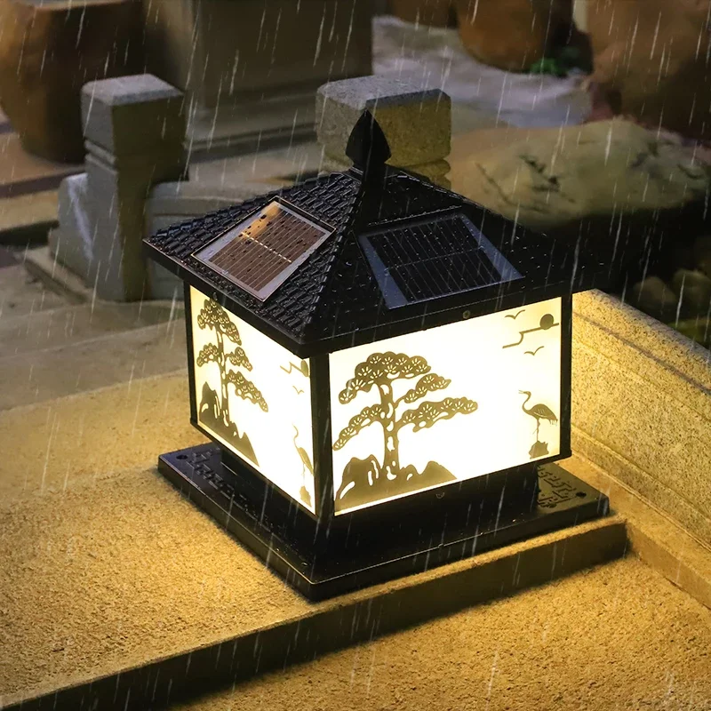 COLIN Solar Post Lamp Outdoor Vintage Pine Crane Decor Pillar Light LED Waterproof IP65 for Home Courtyard Porch