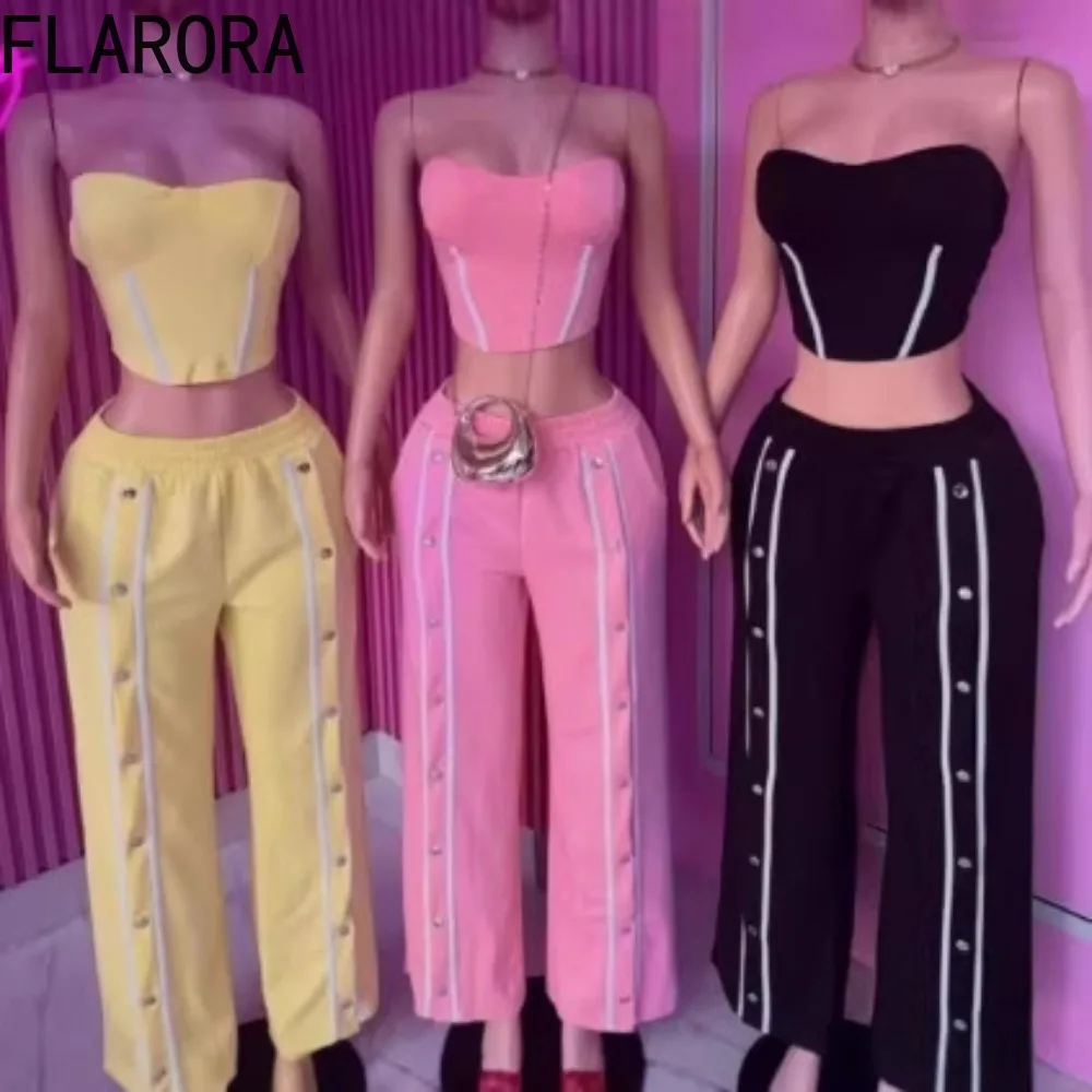 

FLARORA Fashion Stripe 2 Piece Sets Woman Sleeveless Crop Tank Tops And Double-breasted Pants Outfits Female Casual Streetwear